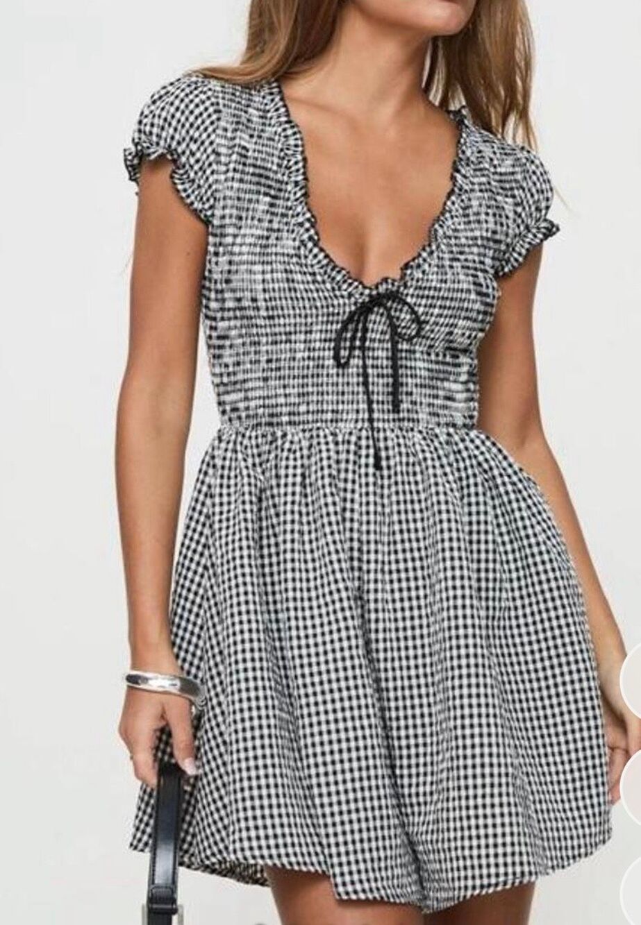 Black gingham smocked bust romper size small